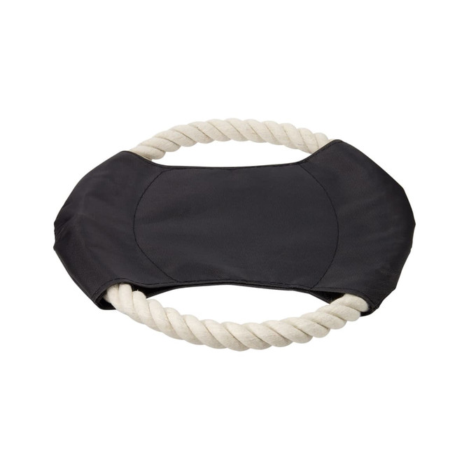 A black and cream dog toy featuring a circular rope and padded centre. It has a logo on one side.