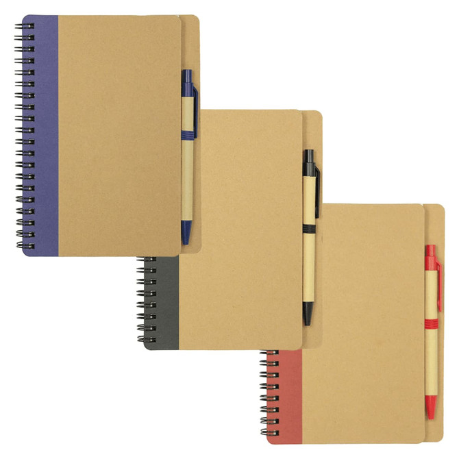 A set of three notebooks with different coloured stripes and matching ballpoint pens, featuring a logo on each.
