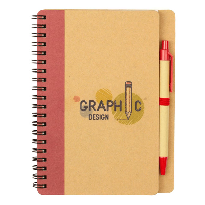 A tan spiral-bound notebook with a maroon cover and a red ballpoint pen attached. It features a graphic design logo.