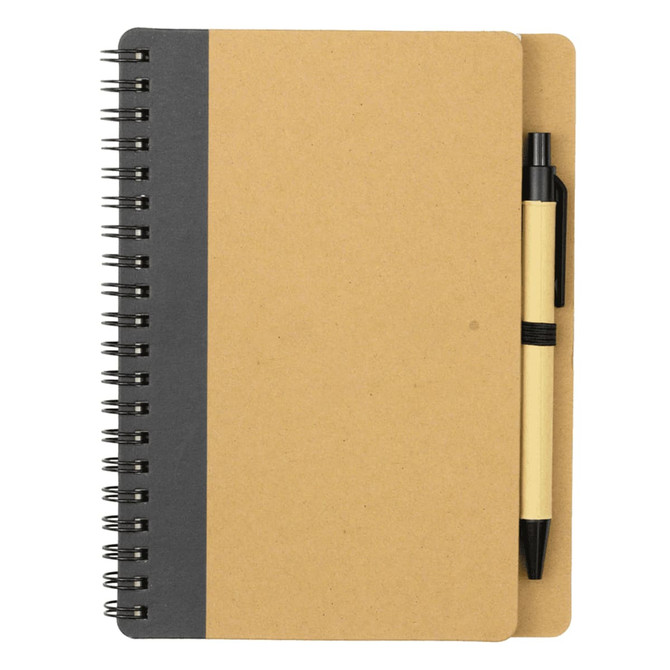 A brown notebook with a dark grey stripe and a black ballpoint pen attached. It features a spiral binding.