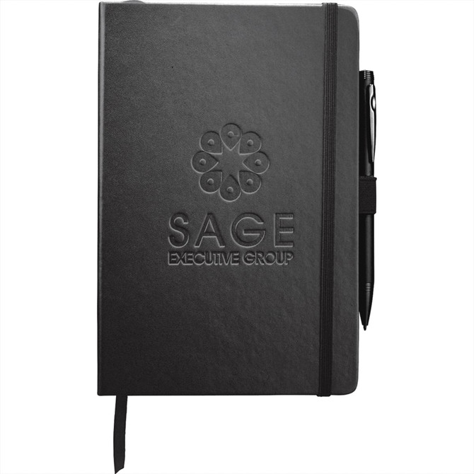 A black Nova Bound JournalBook with blank pages and an elastic band, featuring a logo and a pen.
