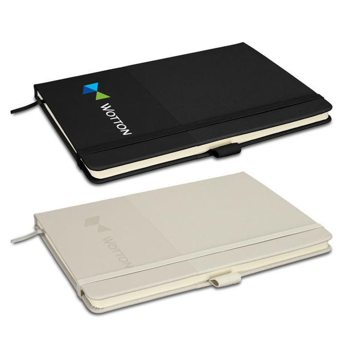 A black and a cream recycled notebook with a logo, featuring a ribbon bookmark and an elastic closure.