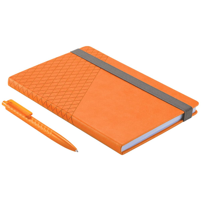 An orange notebook with a textured design and a matching orange pen. The notebook features an elastic band closure.