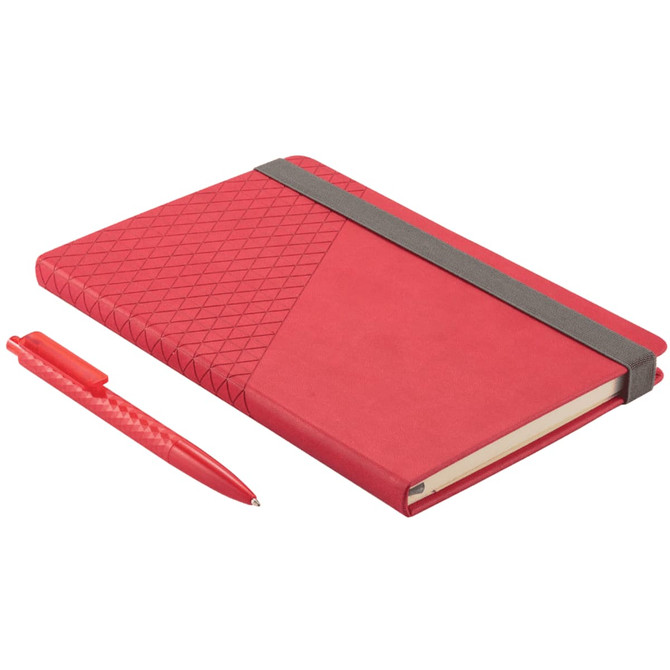 A red notebook with a textured cover and grey elastic band, paired with a matching red pen.