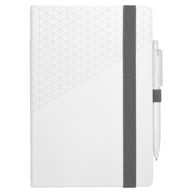 A white notebook with a geometric design and a grey elastic band, accompanied by a matching pen.