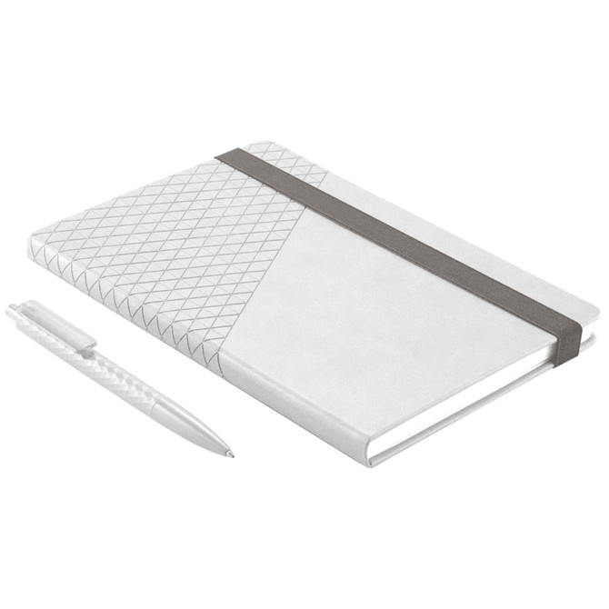 A grey and white geo-patterned notebook with a matching pen, featuring an elastic band for closure.