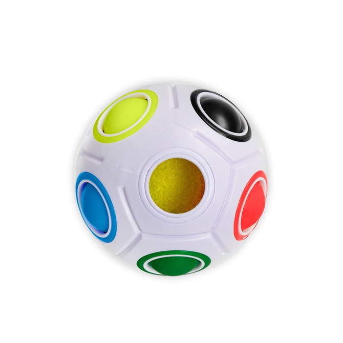 A fidget puzzle ball with a white surface and coloured buttons in blue, green, red, yellow, and black.