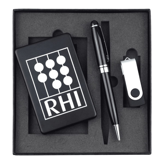 A black gift set containing a power bank, USB, and a pen, all presented in a sleek black box.