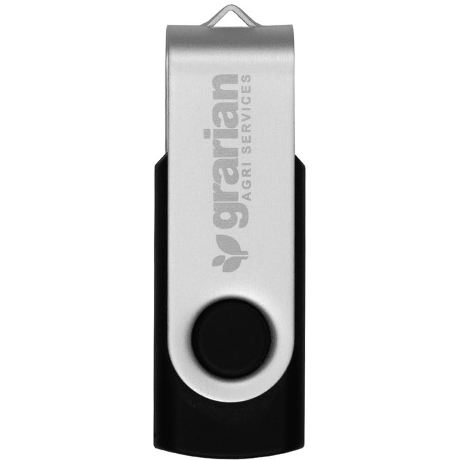 A silver and black USB flash drive with a branding logo and a swivel design.
