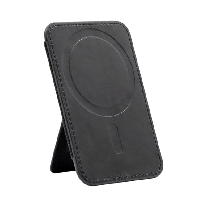 A black phone stand with a circular magnetised area and stitching details, featuring a logo on the surface.