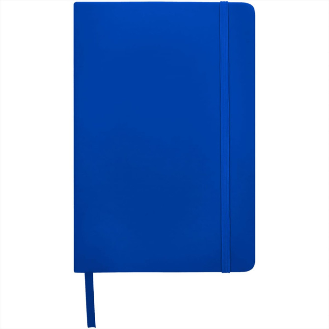 A blue A5 hard cover notebook with an elastic band closure and a ribbon marker. Features branding on the cover.