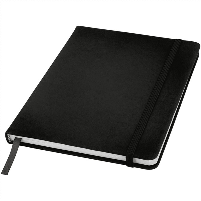 A black Spectrum A5 hard cover notebook with an elastic closure and a ribbon marker. Features a minimalist design.