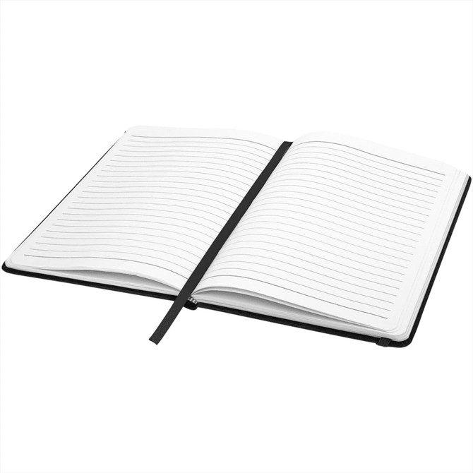 A Spectrum A5 hard cover notebook with white lined pages and a black cover, featuring a ribbon bookmark.