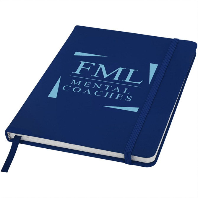 A navy blue hard cover notebook with an elastic band and a ribbon bookmark, featuring a logo on the cover.