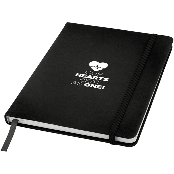 A black A5 hard cover notebook with an elastic band and a logo on the front. Features contrasting white pages.
