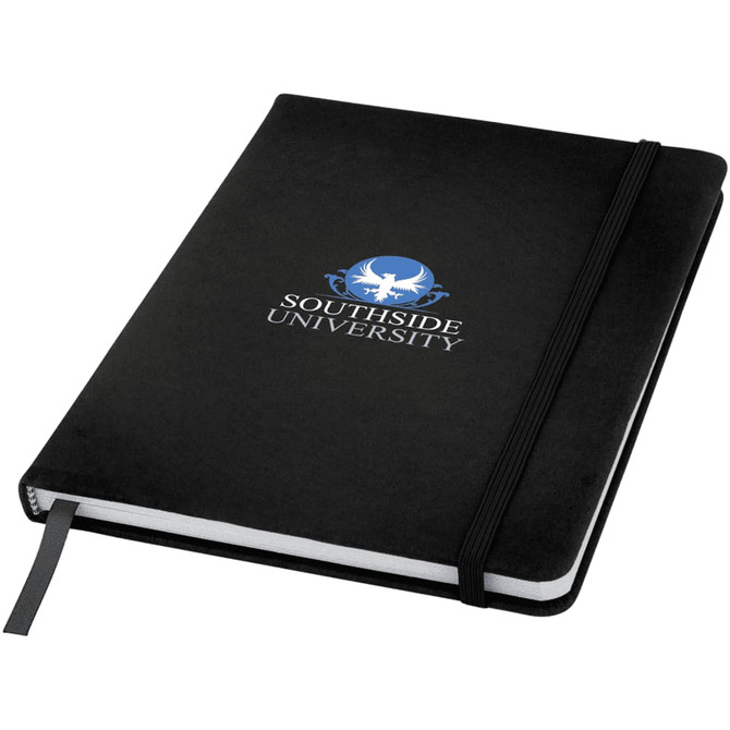 A black A5 hard cover notebook featuring an elastic closure and a logo on the front.