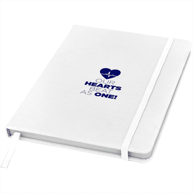 A white A5 hardcover notebook with a ribbon marker and an elastic closure, featuring a logo and simple text design.