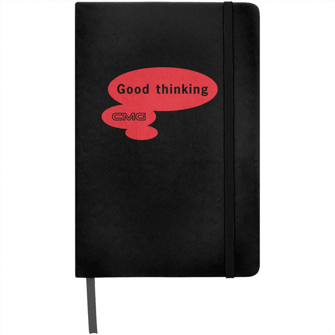 A black A5 hard cover notebook with a red speech bubble design and a logo on the front.