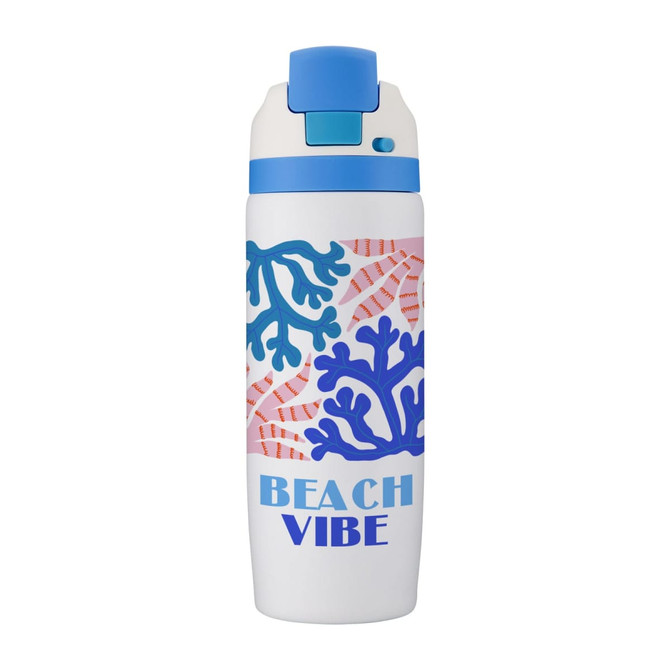 A drink bottle in white, featuring blue coral designs and a blue cap. It also has a logo on the front.