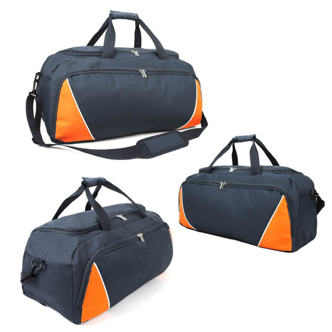 A duffle bag in navy blue with orange accents, featuring handles and a shoulder strap, plus a logo.