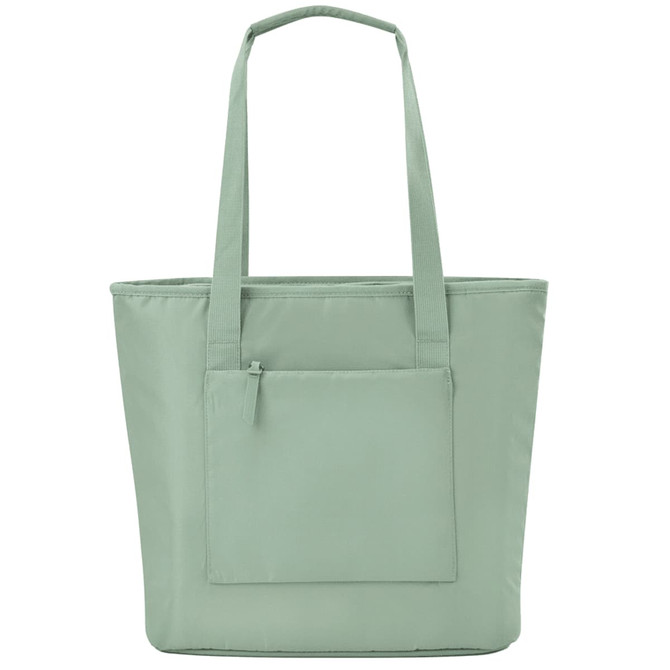 A mint green tote bag with two shoulder straps and a front pocket. Features a logo.