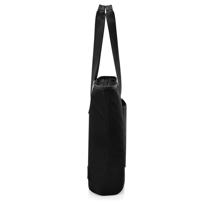 A black tote bag with long handles, featuring a sleek design and a logo. Side view showcasing its shape.