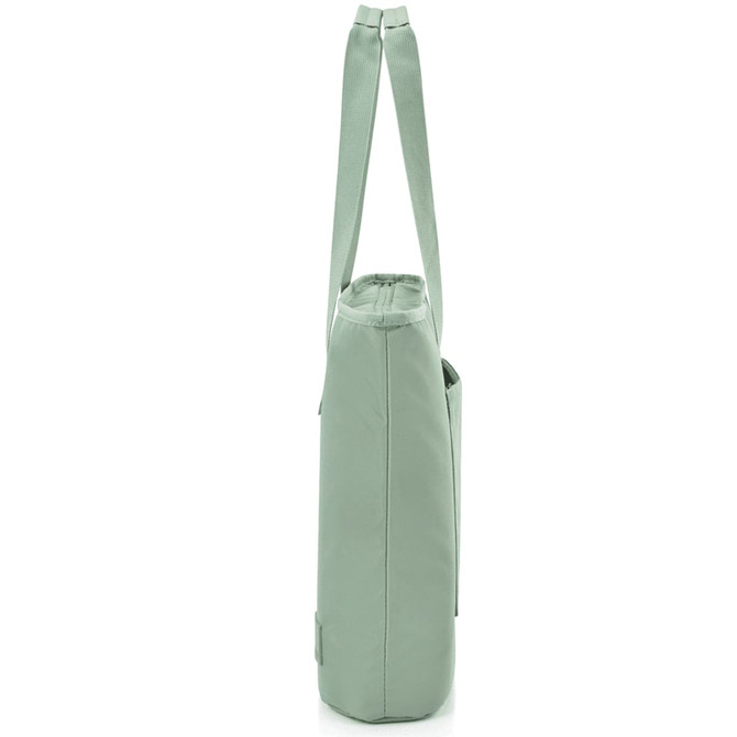 A tote bag in a soft mint green colour with a simple design and shoulder straps. It features branding on one side.