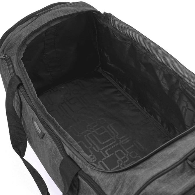 A black duffle bag featuring a spacious interior with a patterned lining and zippered closure.