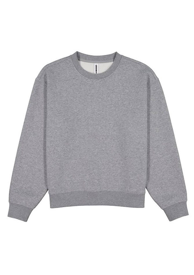 A grey women's crew sweatshirt with a relaxed fit and ribbed cuffs, featuring a logo.