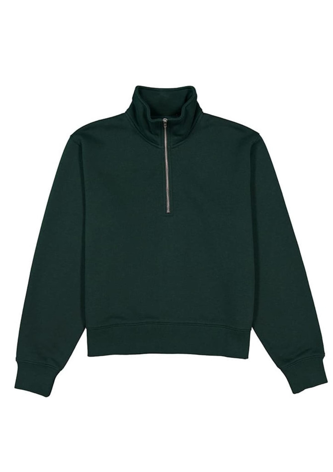 A dark green women's 1/4 zip jumper with a high collar and long sleeves, featuring a logo.
