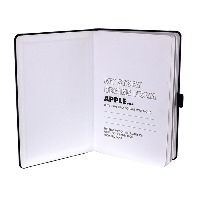 An A5 notebook with a black cover, featuring white recycled paper pages and a logo.