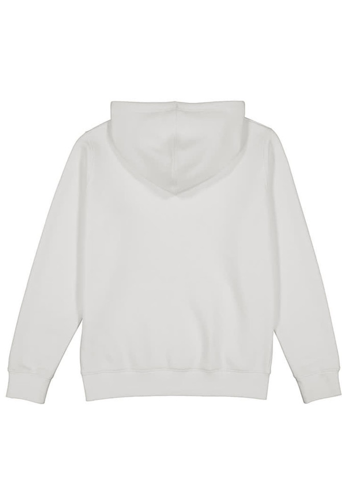 A white women's hoodie featuring a spacious hood and long sleeves, with a plain back and no visible logos.