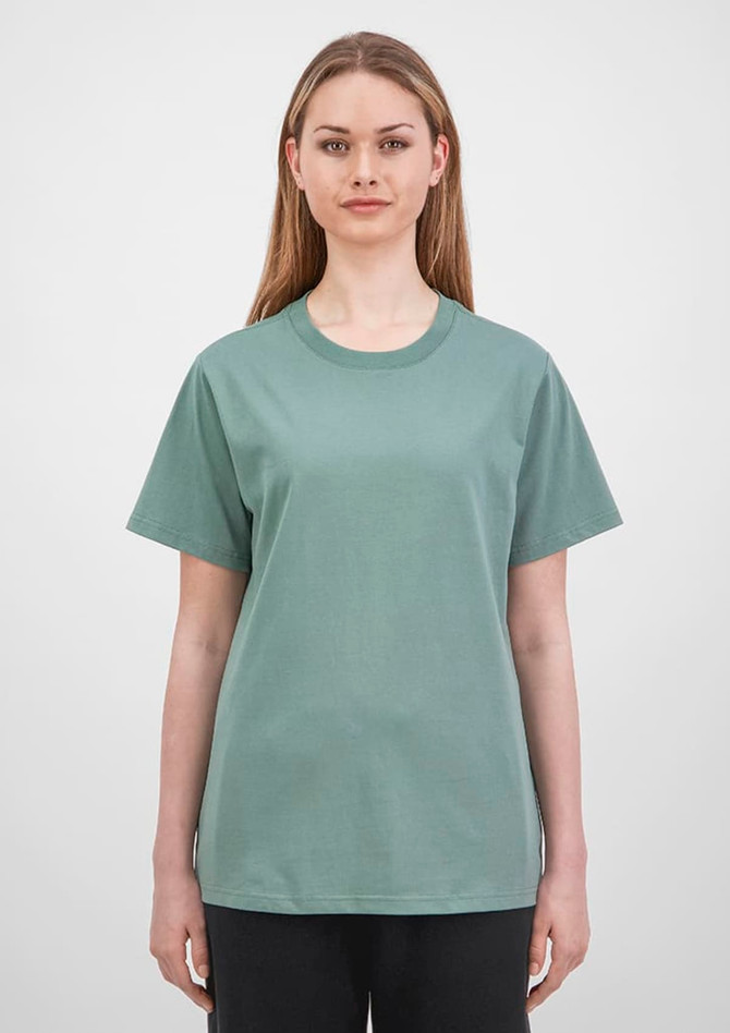 A women's short sleeve tee in a soft green colour, featuring a classic crew neck and a relaxed fit.