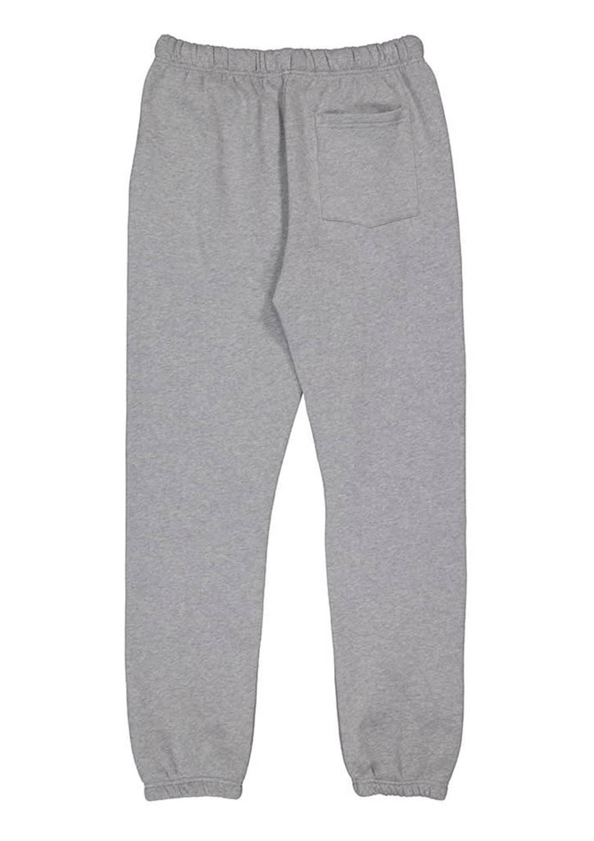 A pair of grey track pants featuring an elastic waistband and a back pocket. The design includes a logo.