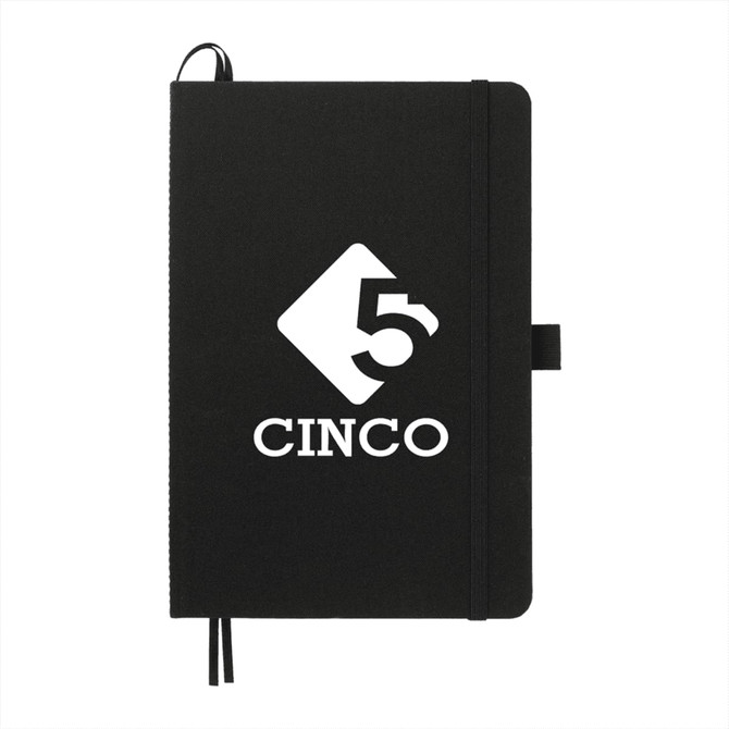 A black journal with a logo and elastic band closure. Features an attached ribbon bookmark.