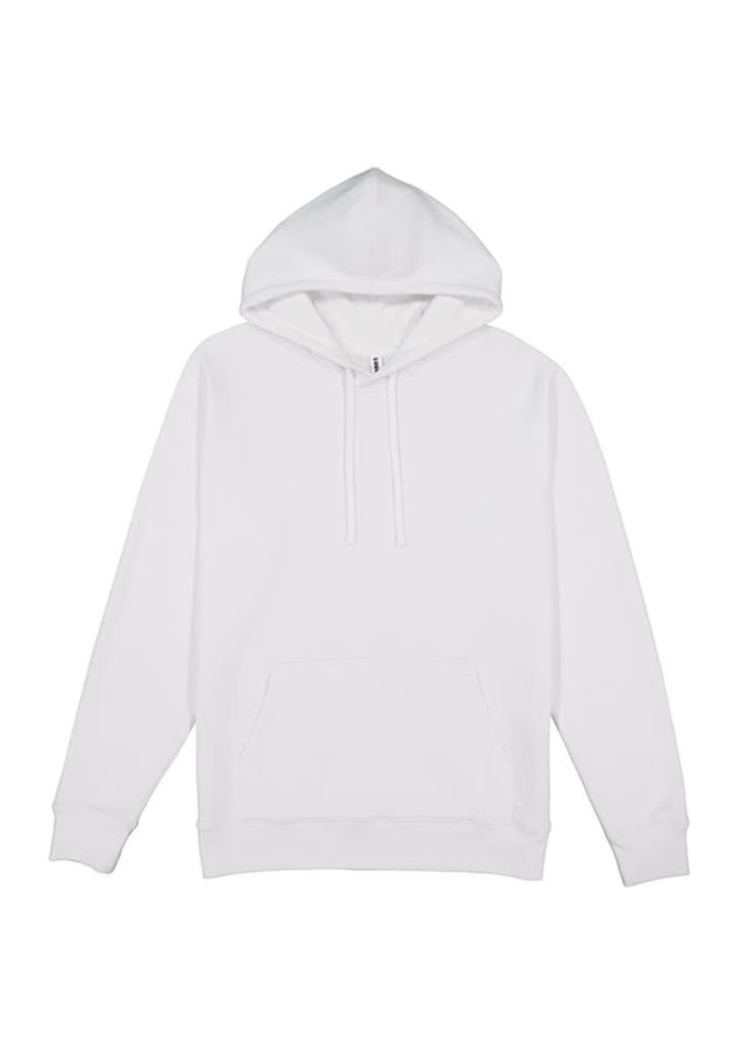 A white hoodie featuring a front pocket and a hood, with a small logo on the front.