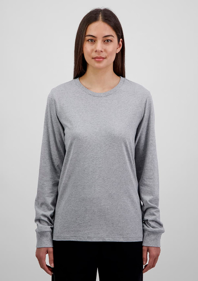 A long sleeve women's tee in grey, featuring a round neckline and a fitted design. It has a logo on it.