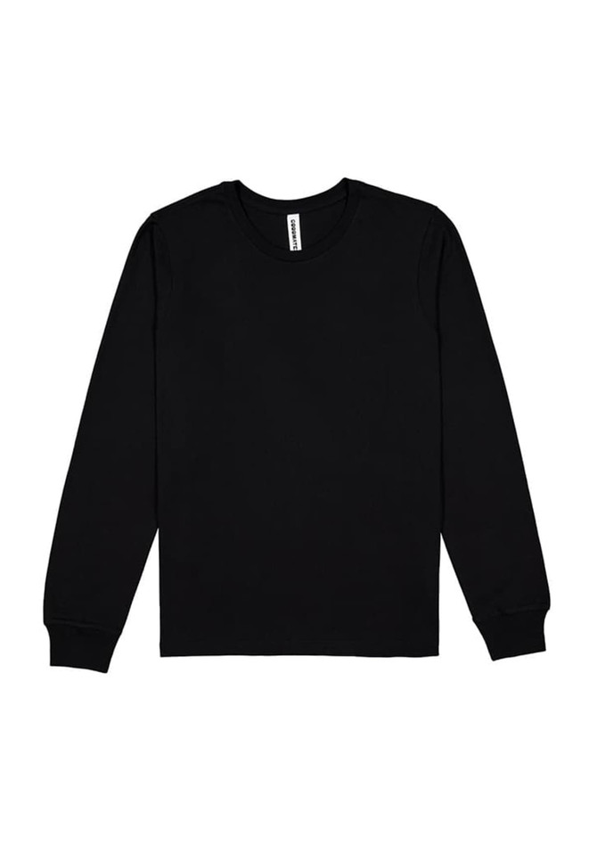 A black long sleeve tee with a round neckline and a logo on the label. Ideal for casual wear.