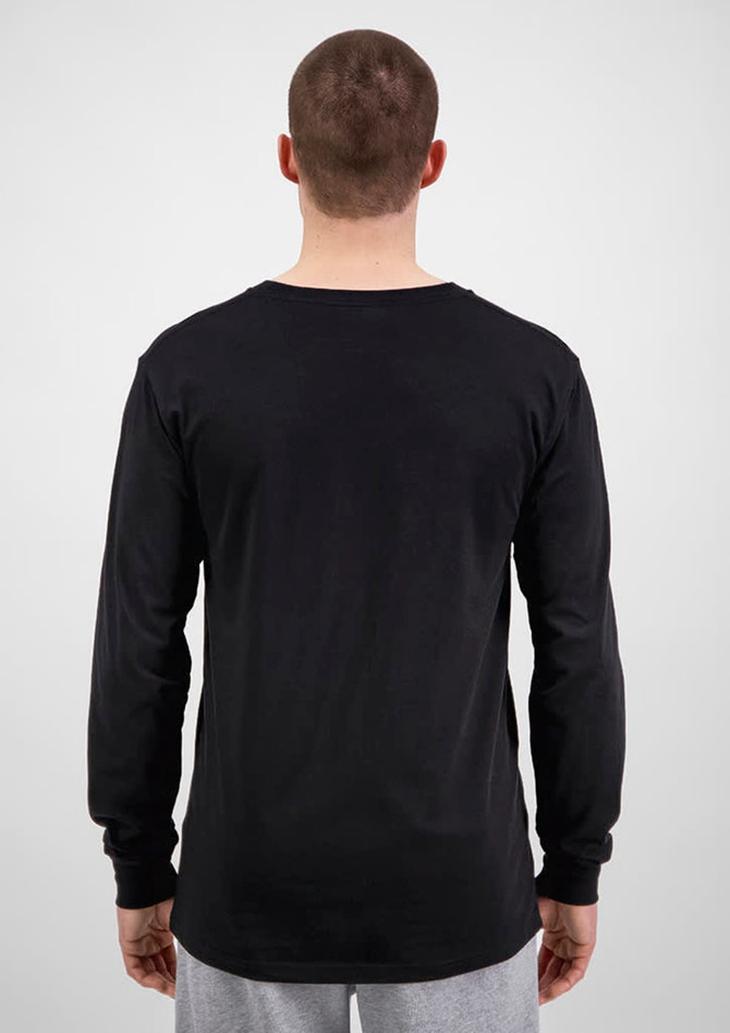 A black long sleeve men’s t-shirt with a crew neck, featuring a plain back view.