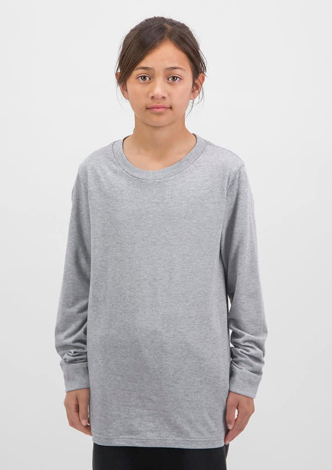 A long sleeve tee in grey, featuring a relaxed fit and simple design, with a logo on the sleeve.