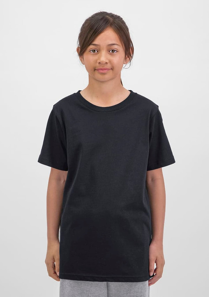 A black short sleeve tee designed for kids. The shirt has a simple style and features a branding logo.