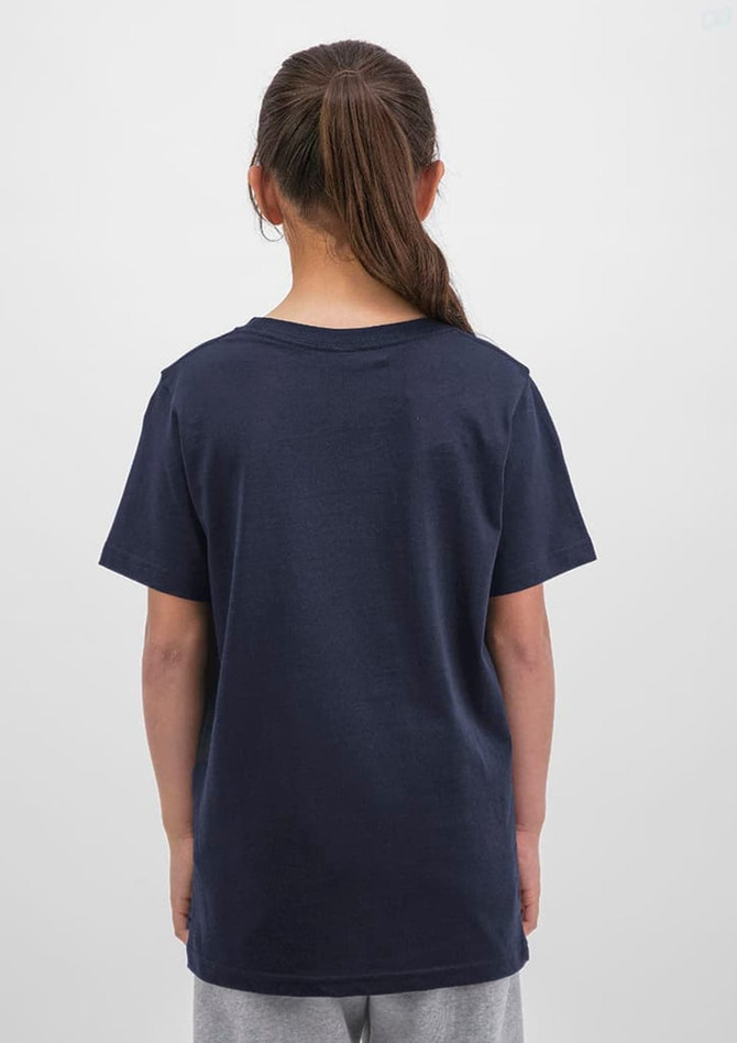 A navy short sleeve tee shirt for youth, viewed from the back, featuring a simple design with a logo.