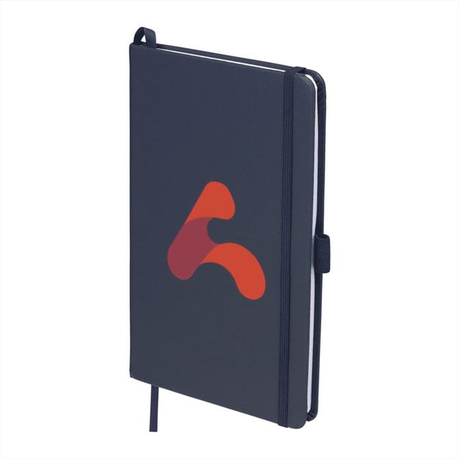 A navy blue leather-bound journal with an elastic closure and a logo on the front cover.