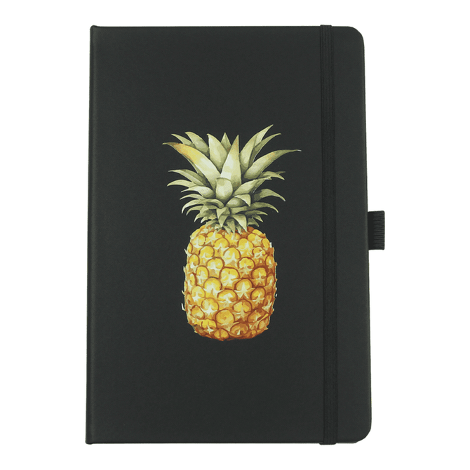 A black leather-bound journal featuring an illustration of a pineapple on the cover. It includes an elastic band closure.