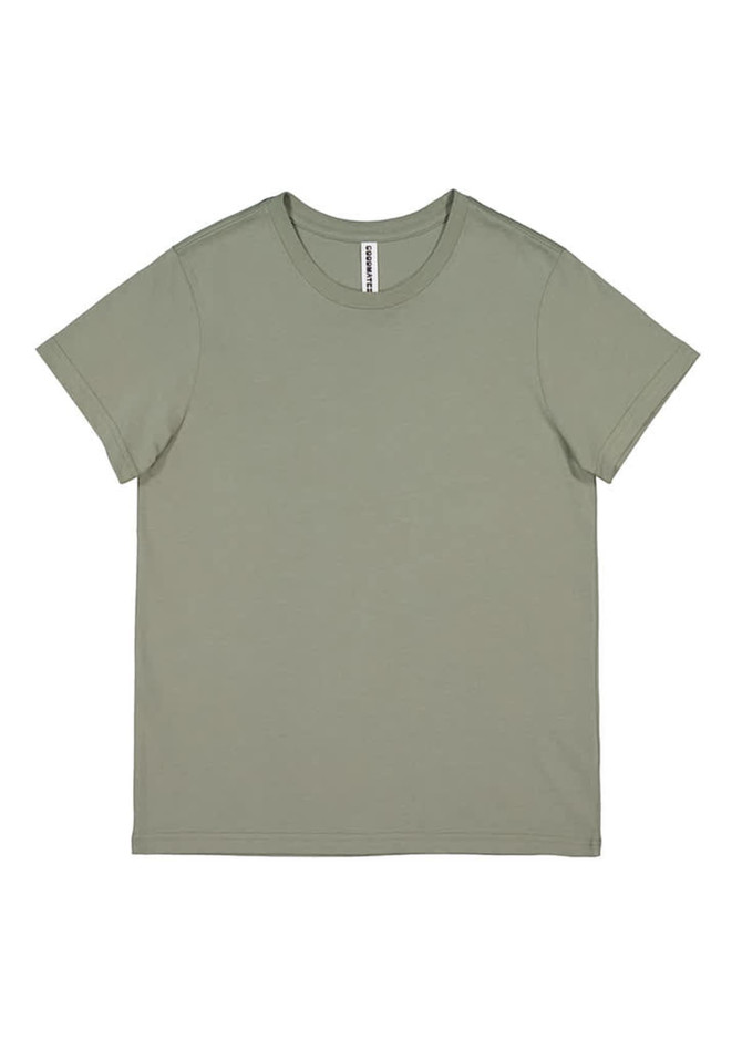 A women's short sleeve tee in a muted olive green shade, featuring a simple design and a logo label.