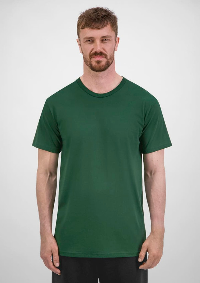 A short sleeve tee in dark green, featuring a classic crew neck design and a brand logo.