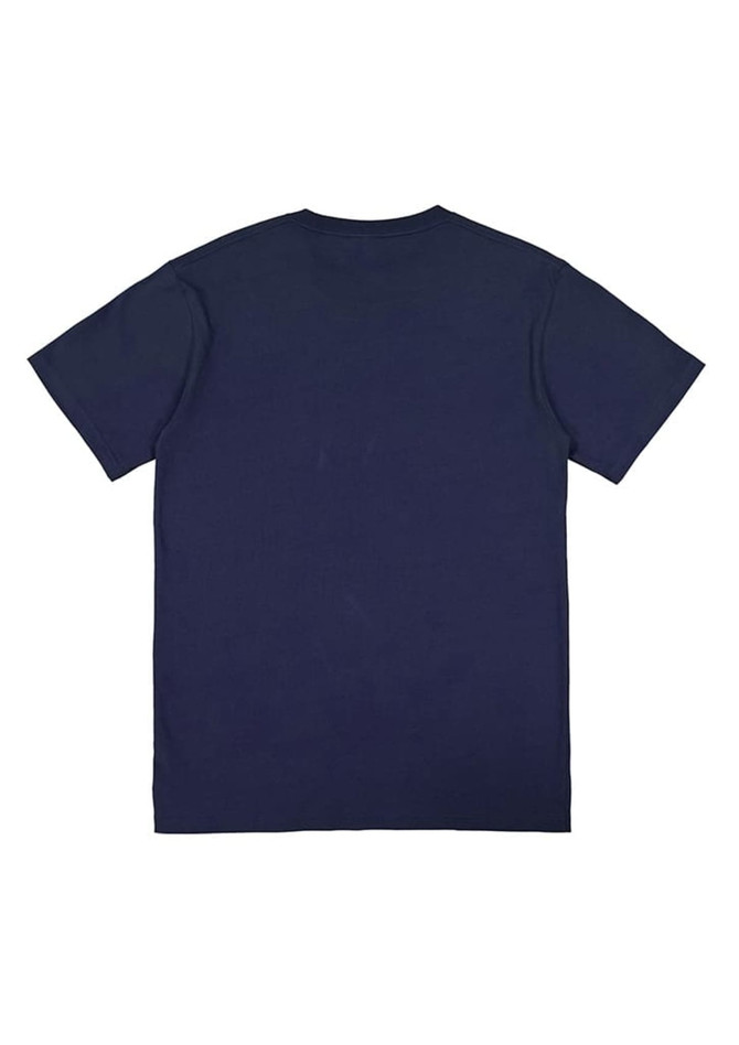 A navy blue men's short sleeve t-shirt with a simple design and a logo on the front.