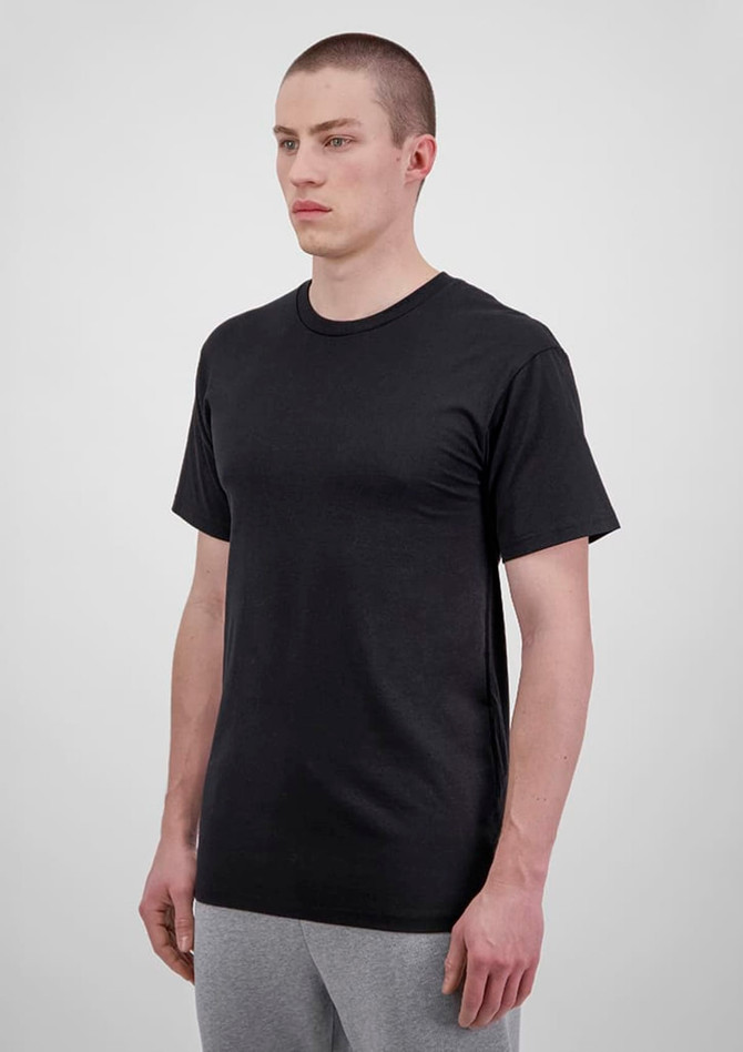 A men's short sleeve tee in black, featuring a classic crew neck design. The shirt has a logo on it.