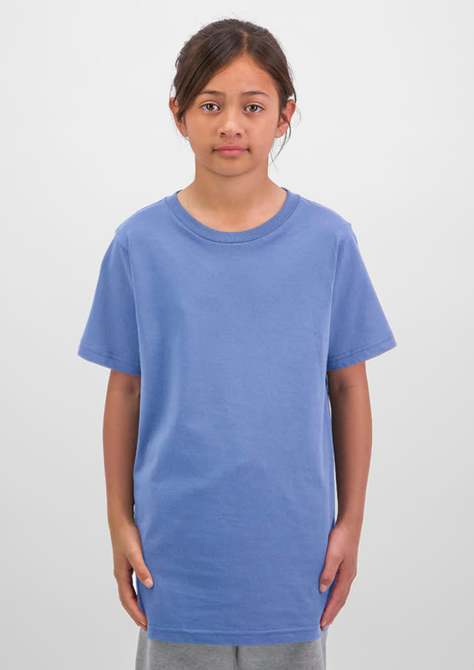 A short sleeve tee for kids in blue, featuring a simple design and a relaxed fit.