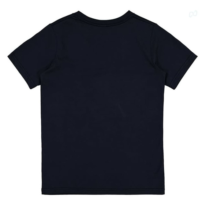 A navy blue short sleeve t-shirt featuring a logo on the back. Ideal for kids' casual wear.